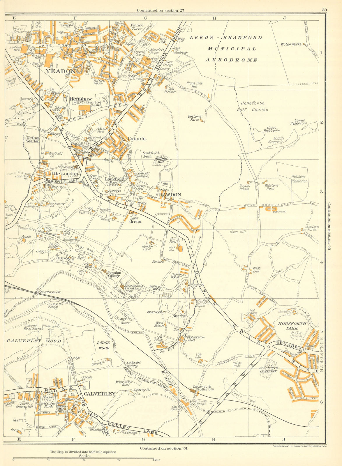YEADON Henshaw Rawdon Calverley Little London Horsforth Airport 1935 old map